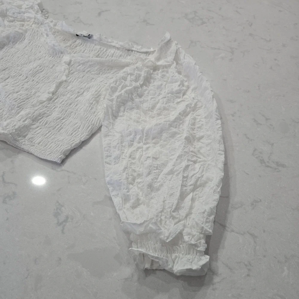 ZARA White Smocked Crop Top Long Balloon Sleeve Ruffle Neck Seersucker XS